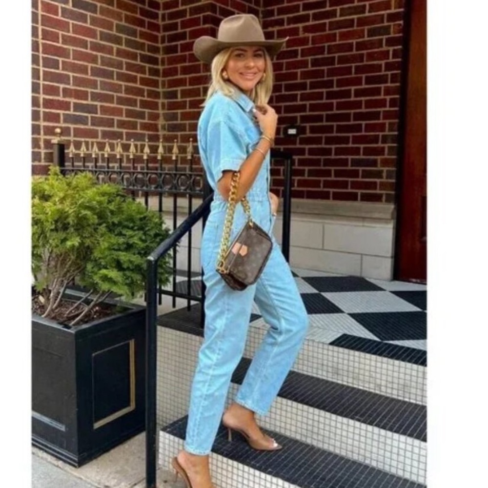 NWT Small Free People Marci Denim Jumpsuit in Wash Clear Skies Blue